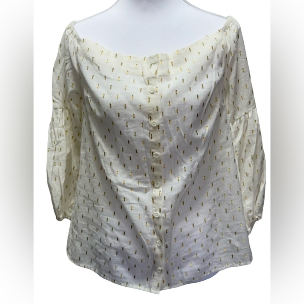 LUCKY BRAND NWT IVORY GOLD METALLIC OFF SHOULDER PEASANT BLOUSE SIZE S BOHO - Picture 4 of 11